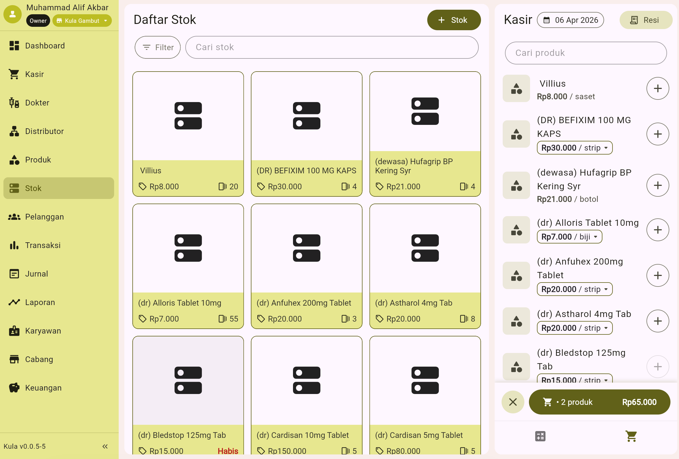 Tampilan antarmuka kasir dan manajemen apotek Kula